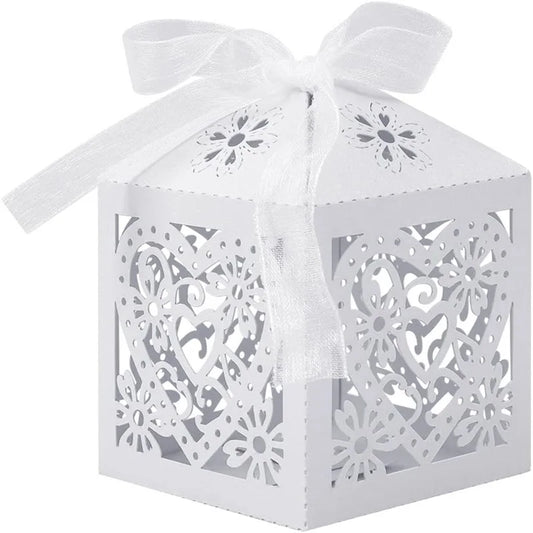 White Love heart candy Gift Box  with ribbon 10/50pcs