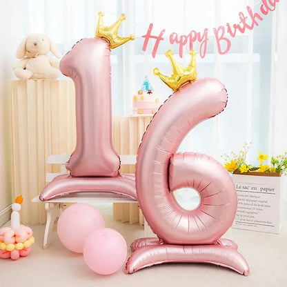 32in Standing Crown Number Balloon – Blue/Pink