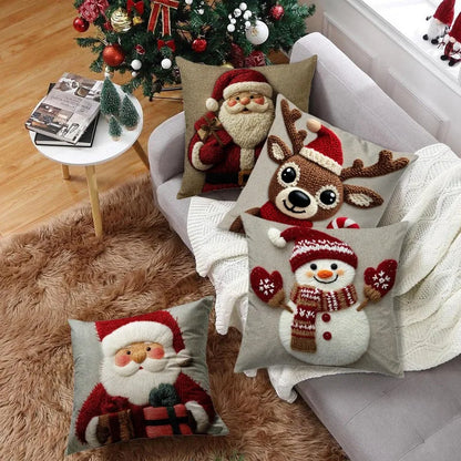 45cm Grey & Red Christmas Pillow – Santa, Snowman & Elk