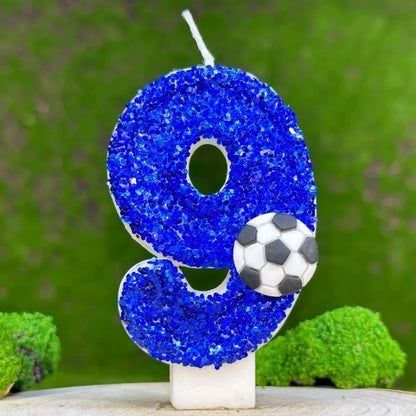 0–9 Blue Football Birthday Candles with Tray