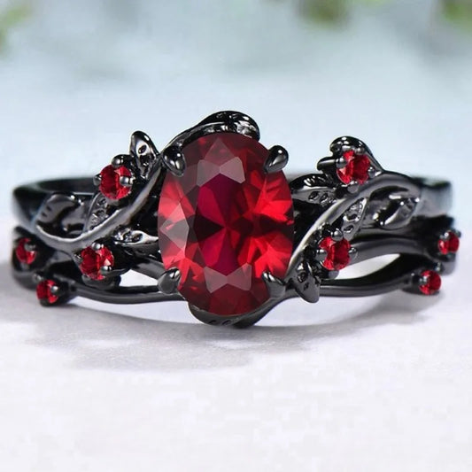 Round flower red stone rings