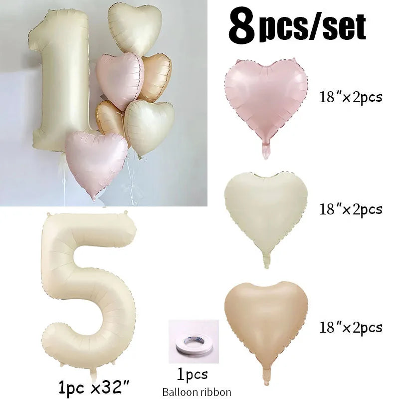 Cream color number with hearts foil Balloons 8pcs