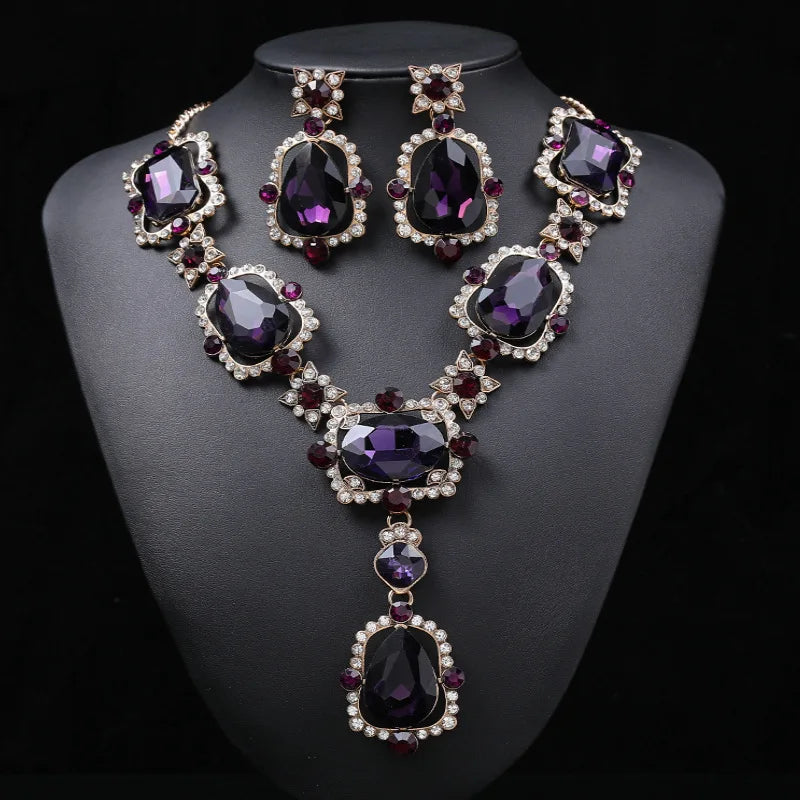 Isabella Royal crystal  earrings and purple Rhinestone necklace set
