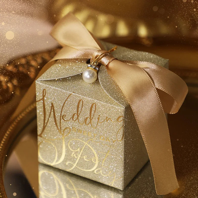 Wedding candy gift box with pearl ribbon