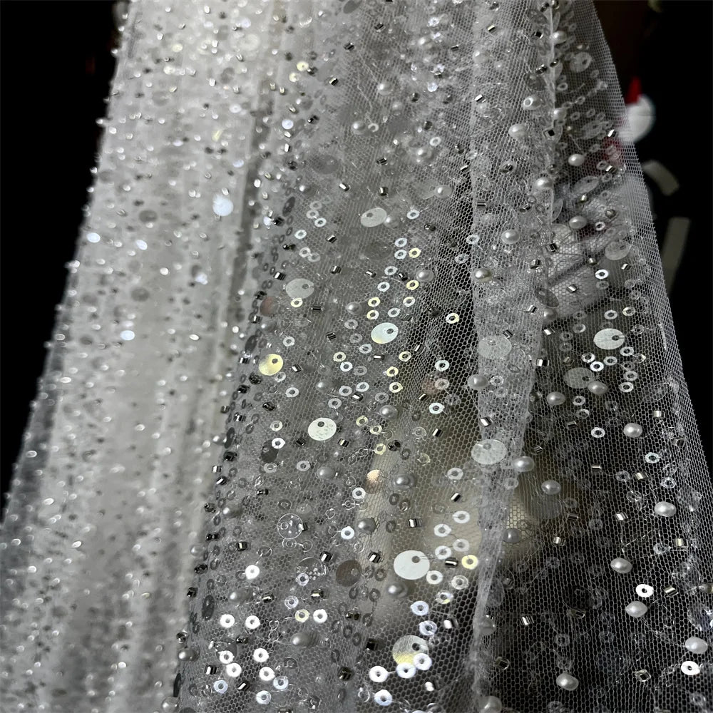 Luxury wedding veil heavy glitter beaded ivory single Tier 3M