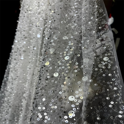 Luxury wedding veil heavy glitter beaded ivory single Tier 3M