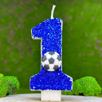 0–9 Blue Football Birthday Candles with Tray