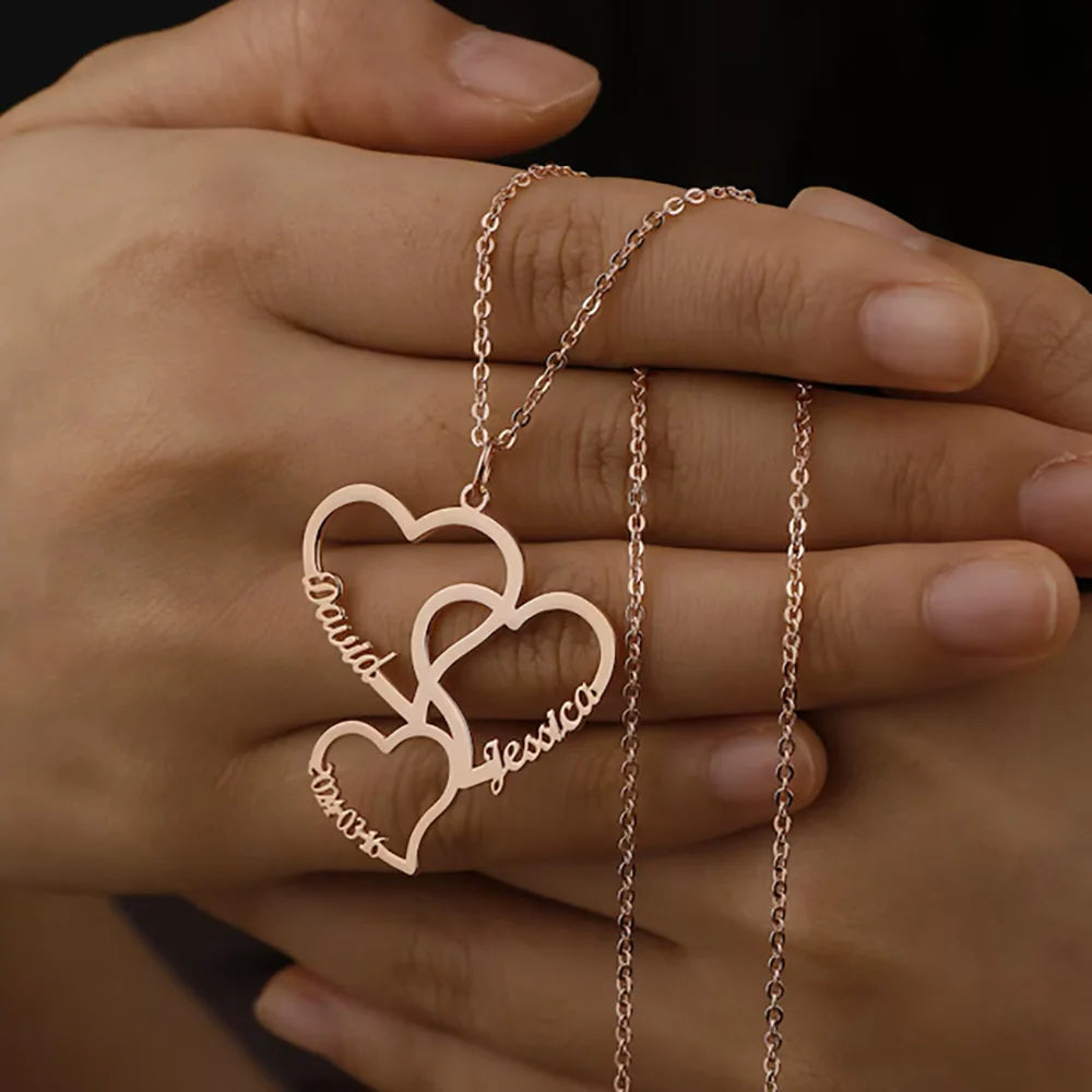 Customized 2-5 Hearts name pendant family necklace
