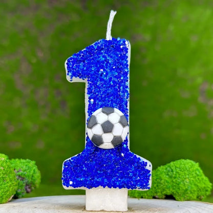 0–9 Blue Football Birthday Candles with Tray