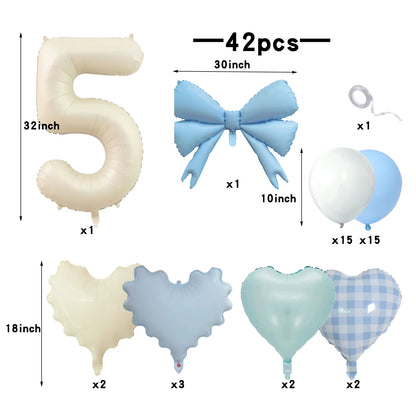 42pcs Checkered heart balloon number set light fresh blue