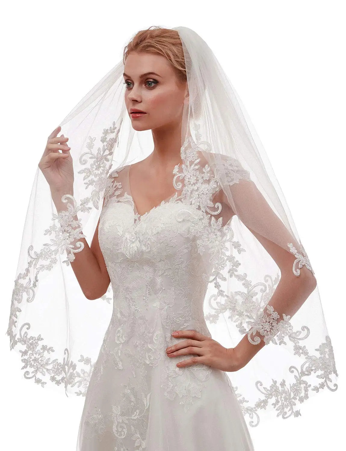Short 2 Tier Lace Wedding Bridal Veil With Comb